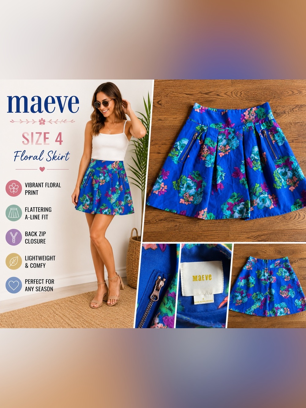 Maeve Anthropologie Blue Floral A-Line Skirt Size 4